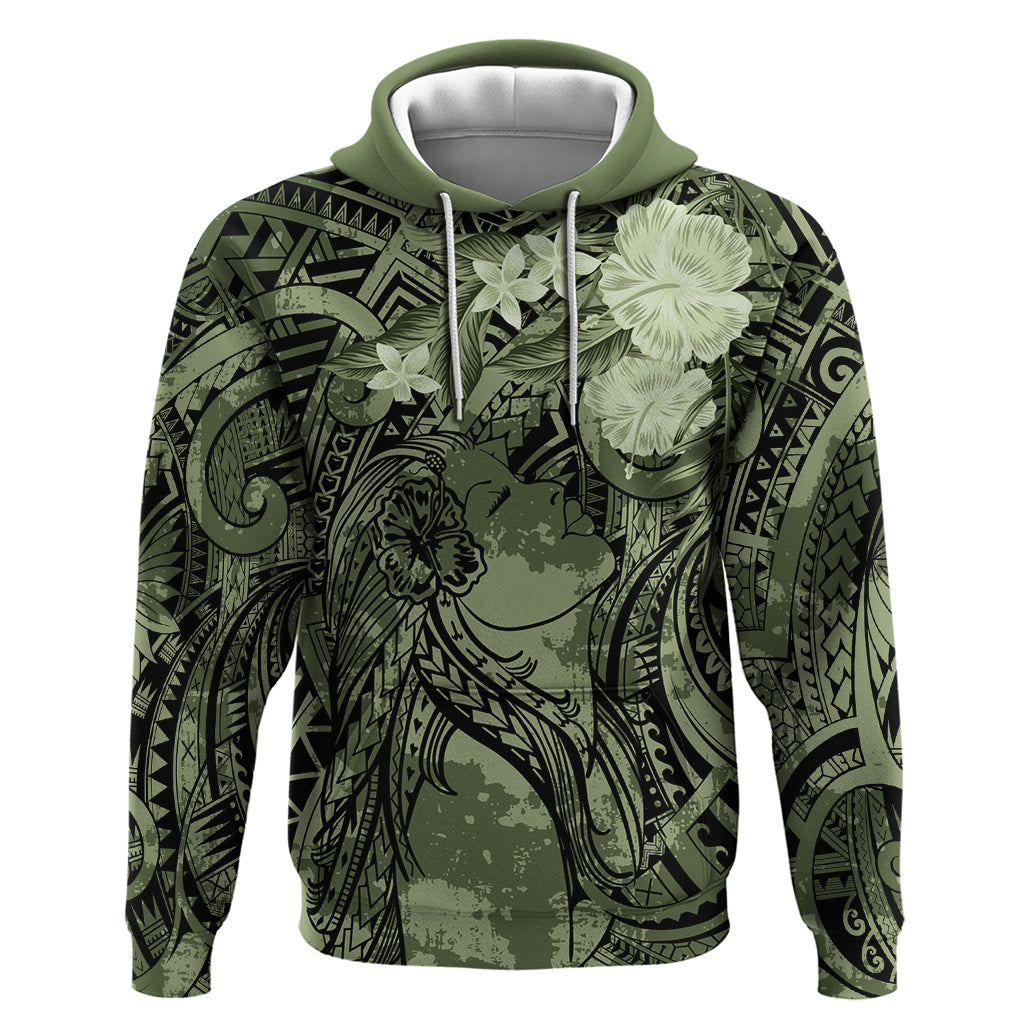Pacific Beauty Girl Zip Hoodie Green Polyneisan Tribal Vintage Motif