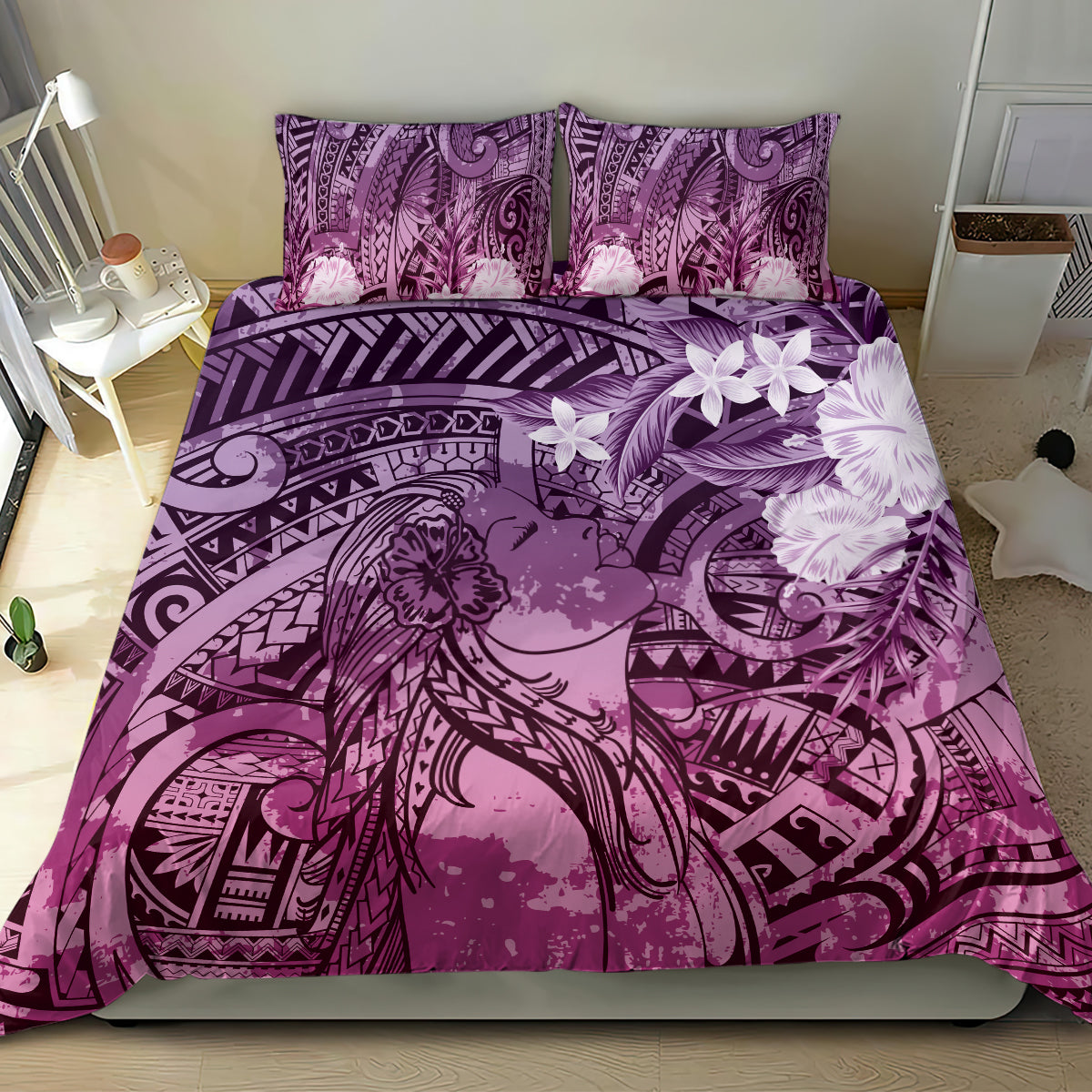 Pacific Beauty Girl Bedding Set Pink Polyneisan Tribal Vintage Motif