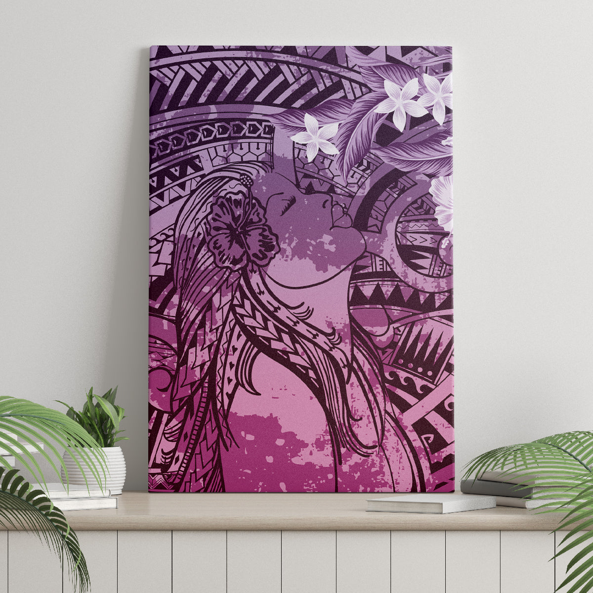 Pacific Beauty Girl Canvas Wall Art Pink Polyneisan Tribal Vintage Motif