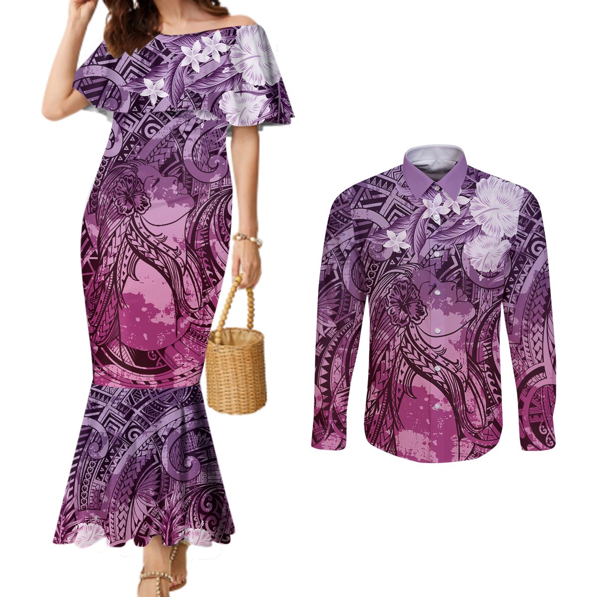 Pacific Beauty Girl Couples Matching Mermaid Dress and Long Sleeve Button Shirt Pink Polyneisan Tribal Vintage Motif LT9 Pink - Polynesian Pride