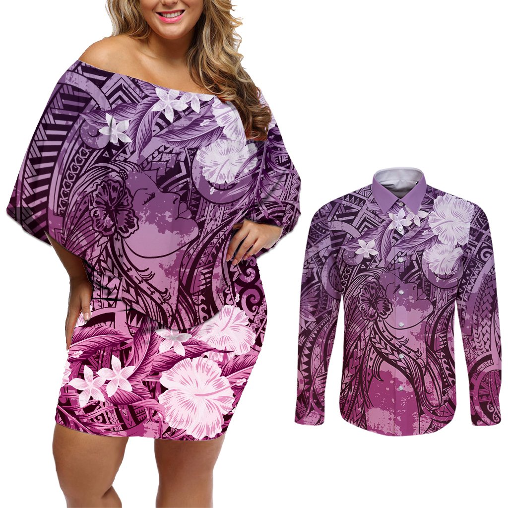Pacific Beauty Girl Couples Matching Off Shoulder Short Dress and Long Sleeve Button Shirt Pink Polyneisan Tribal Vintage Motif