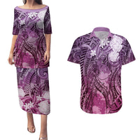 Pacific Beauty Girl Couples Matching Puletasi and Hawaiian Shirt Pink Polyneisan Tribal Vintage Motif