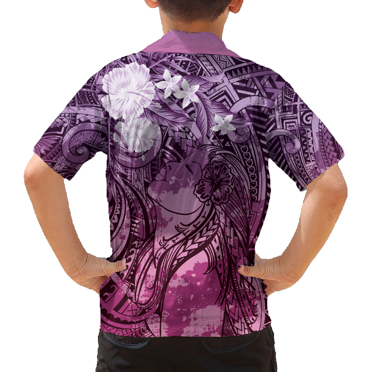 Pacific Beauty Girl Family Matching Off Shoulder Short Dress and Hawaiian Shirt Pink Polyneisan Tribal Vintage Motif