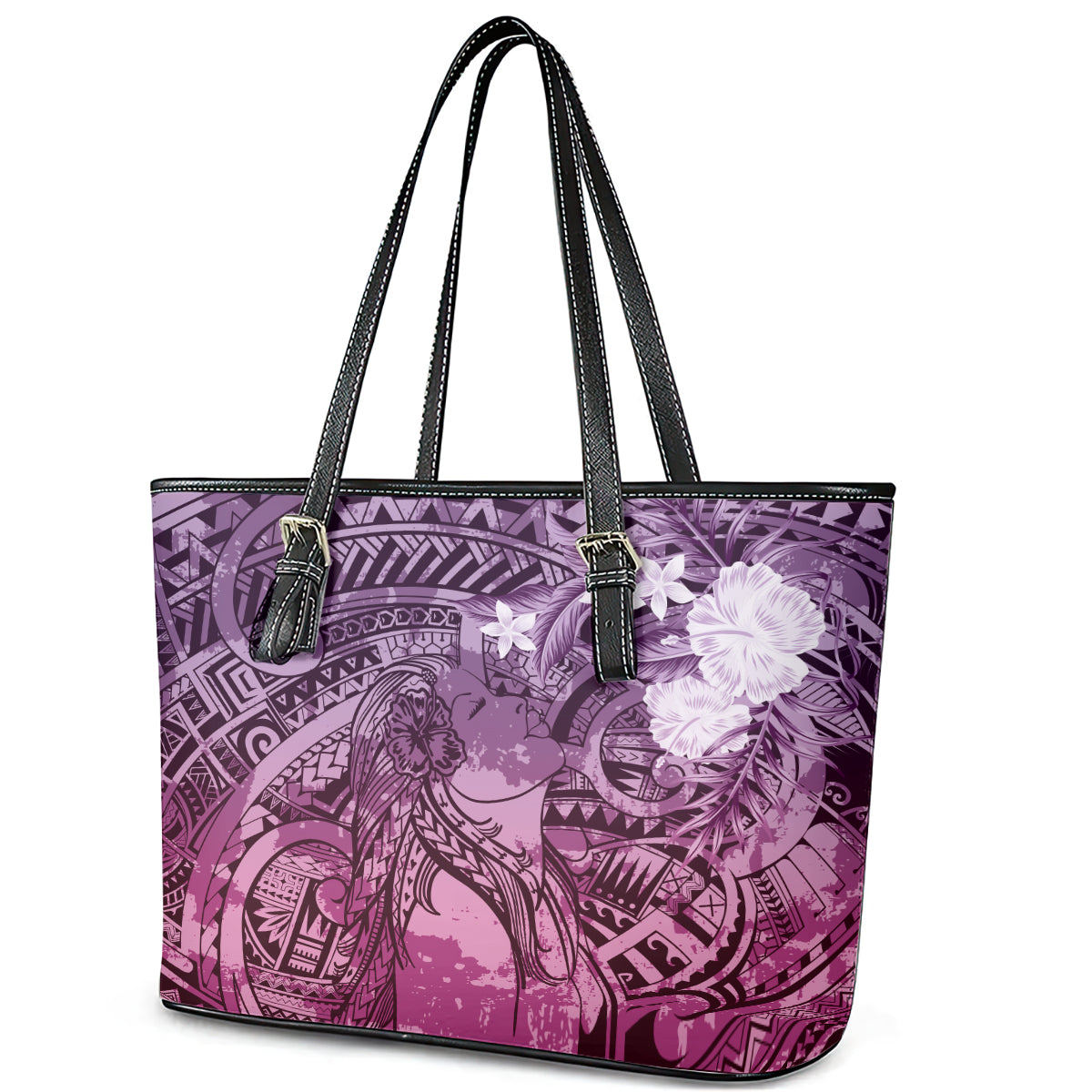 Pacific Beauty Girl Leather Tote Bag Pink Polyneisan Tribal Vintage Motif LT9 - Polynesian Pride