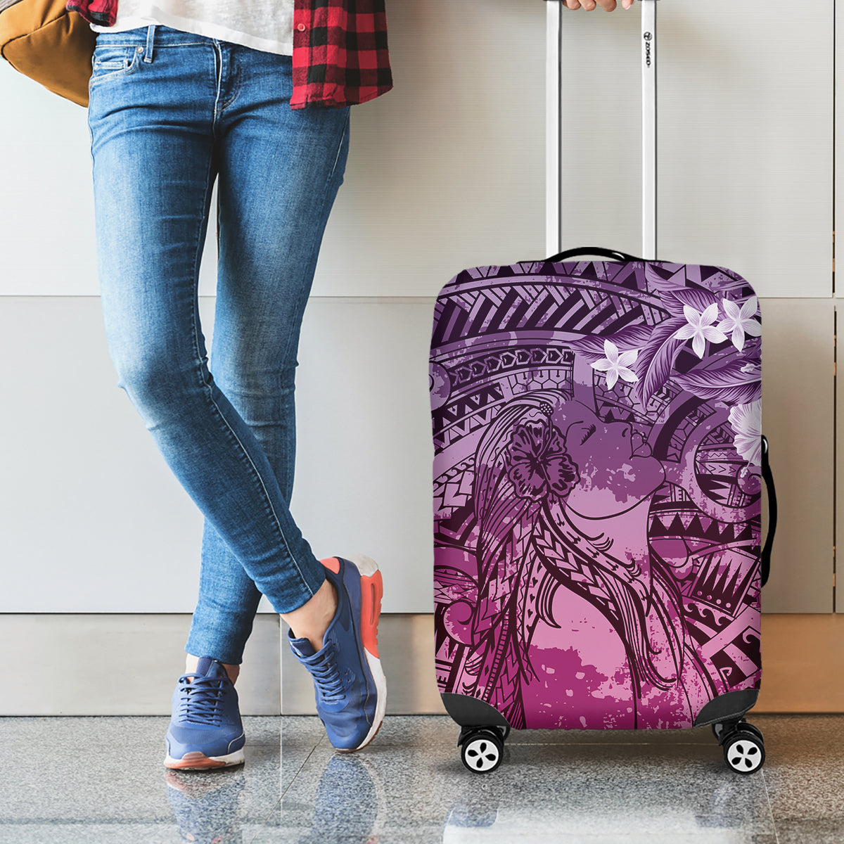 Pacific Beauty Girl Luggage Cover Pink Polyneisan Tribal Vintage Motif