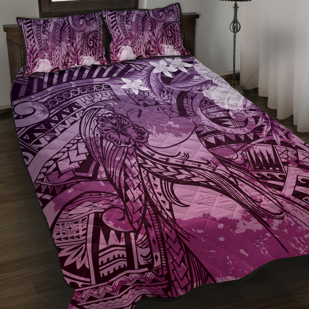 Pacific Beauty Girl Quilt Bed Set Pink Polyneisan Tribal Vintage Motif