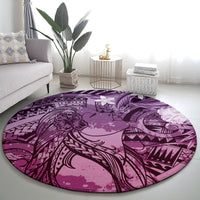 Pacific Beauty Girl Round Carpet Pink Polyneisan Tribal Vintage Motif