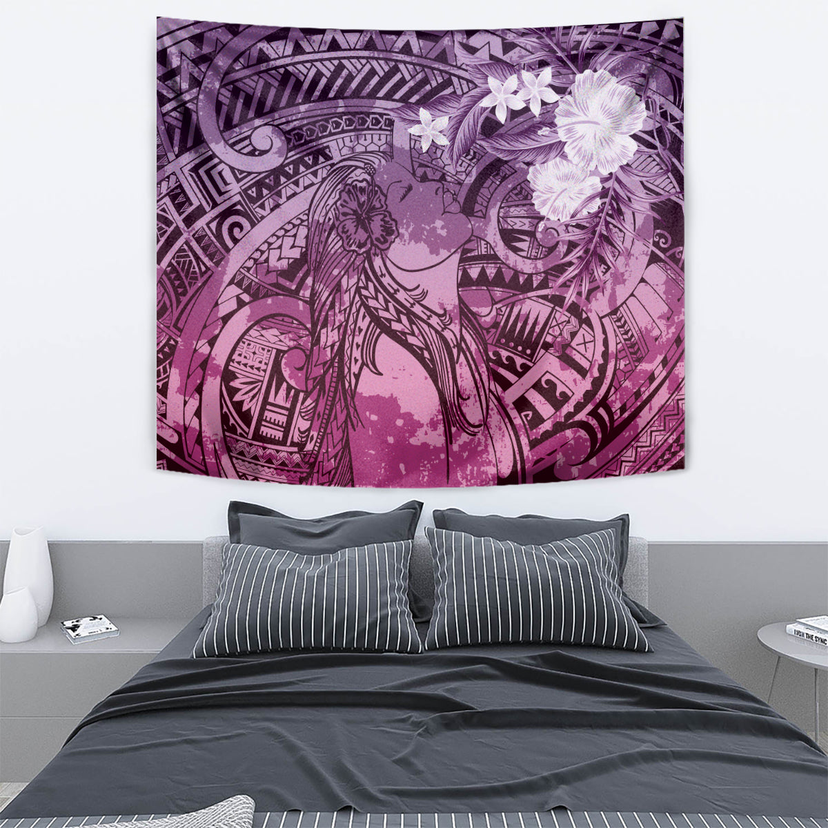 Pacific Beauty Girl Tapestry Pink Polyneisan Tribal Vintage Motif