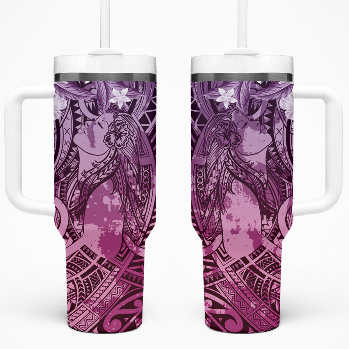 Pacific Beauty Girl Tumbler With Handle Pink Polyneisan Tribal Vintage Motif