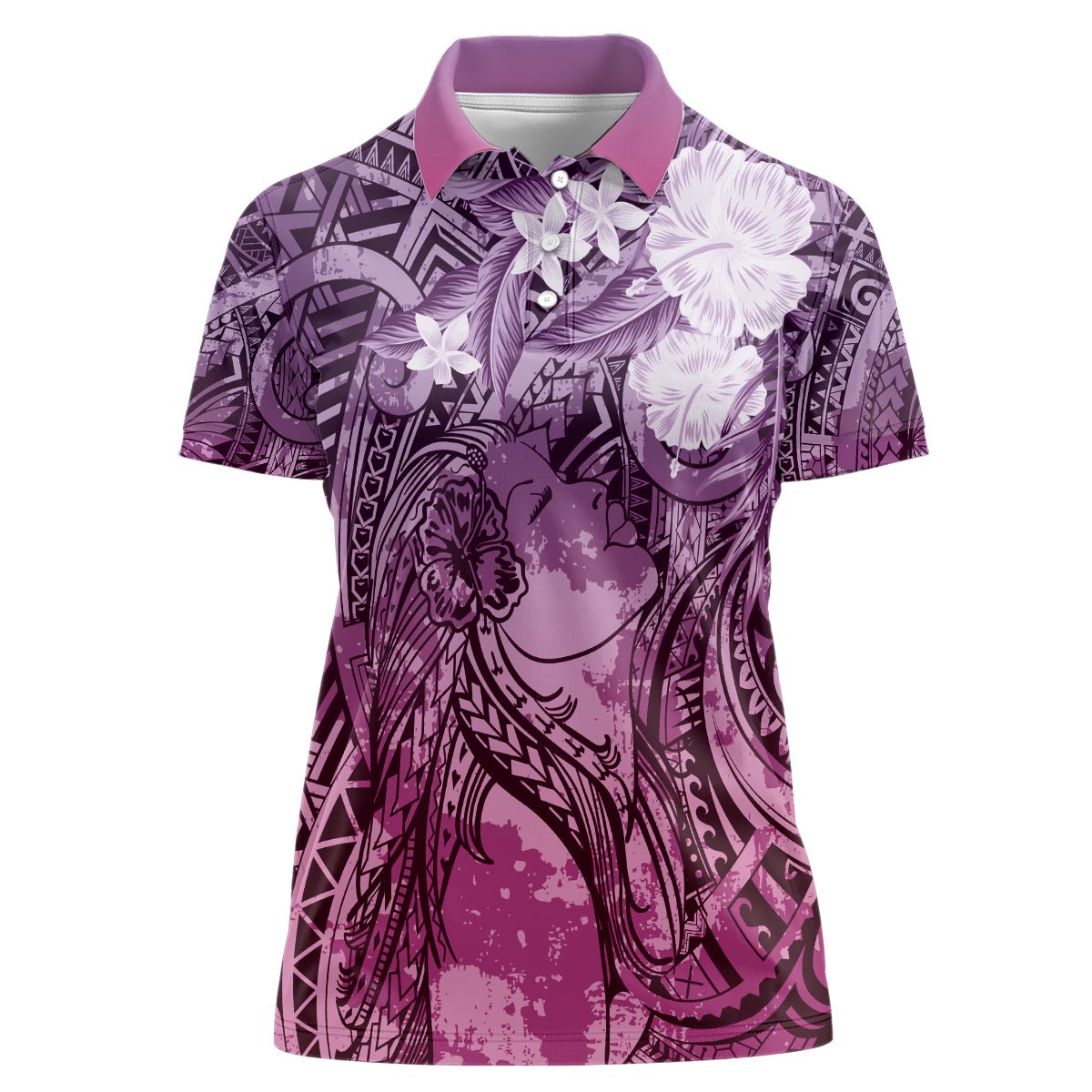 Pacific Beauty Girl Women Polo Shirt Pink Polyneisan Tribal Vintage Motif