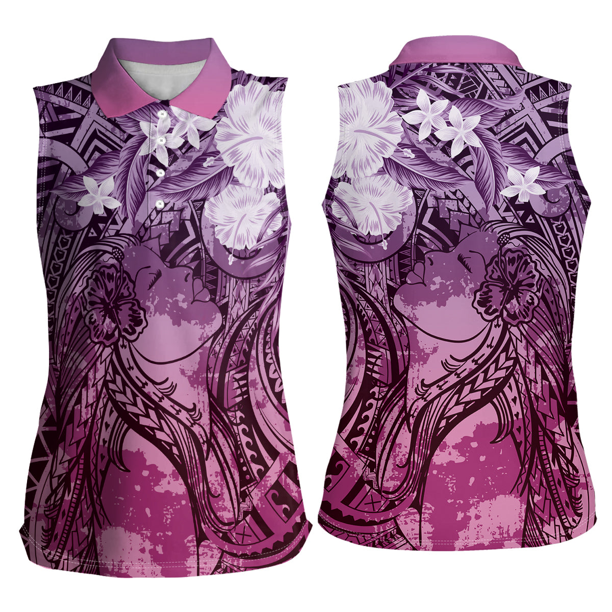Pacific Beauty Girl Women Sleeveless Polo Shirt Pink Polyneisan Tribal Vintage Motif