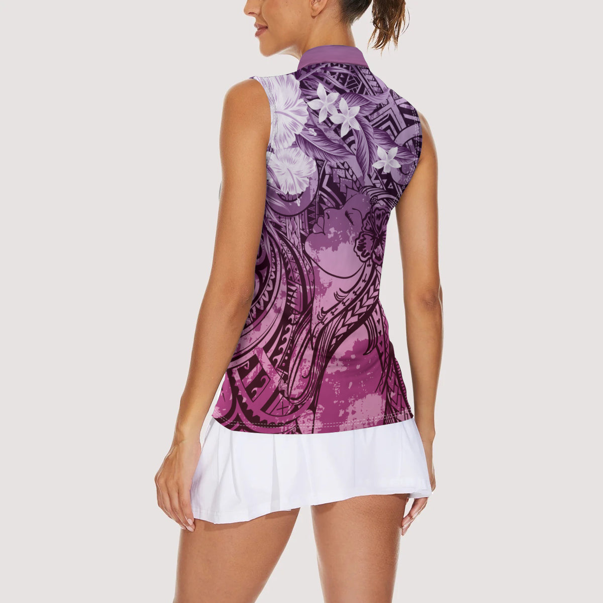 Pacific Beauty Girl Women Sleeveless Polo Shirt Pink Polyneisan Tribal Vintage Motif