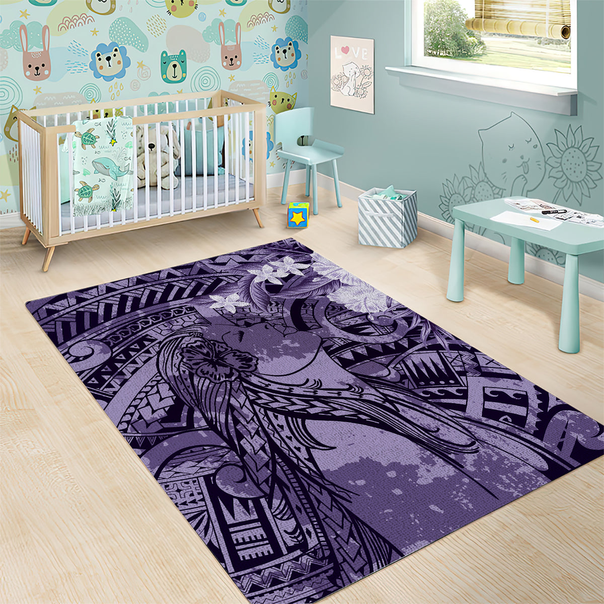 Pacific Beauty Girl Area Rug Violet Polyneisan Tribal Vintage Motif