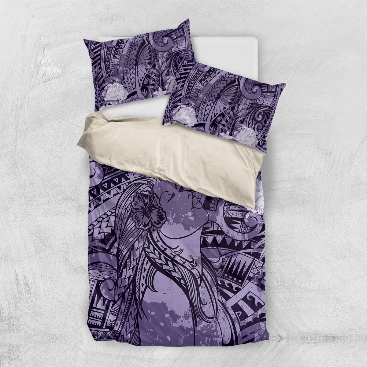 Pacific Beauty Girl Bedding Set Violet Polyneisan Tribal Vintage Motif