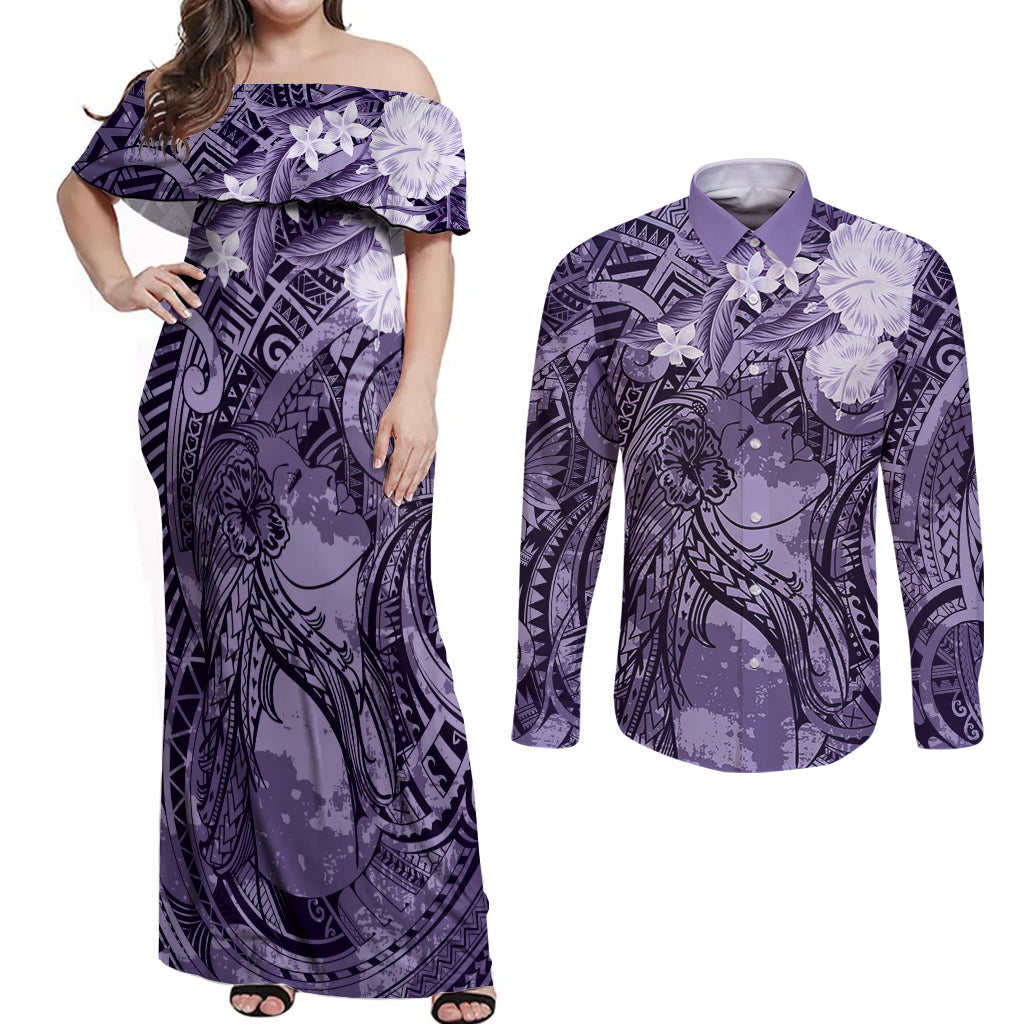 Pacific Beauty Girl Couples Matching Off Shoulder Maxi Dress and Long Sleeve Button Shirt Violet Polyneisan Tribal Vintage Motif