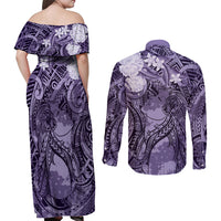 Pacific Beauty Girl Couples Matching Off Shoulder Maxi Dress and Long Sleeve Button Shirt Violet Polyneisan Tribal Vintage Motif