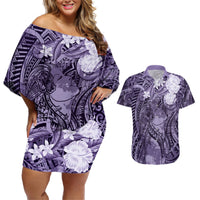 Pacific Beauty Girl Couples Matching Off Shoulder Short Dress and Hawaiian Shirt Violet Polyneisan Tribal Vintage Motif