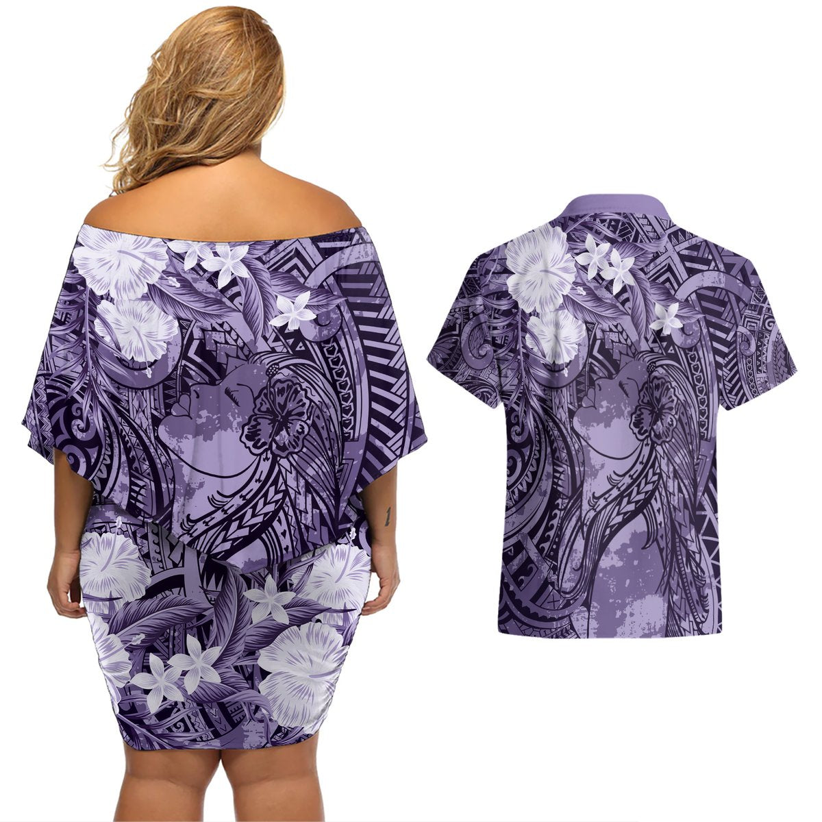 Pacific Beauty Girl Couples Matching Off Shoulder Short Dress and Hawaiian Shirt Violet Polyneisan Tribal Vintage Motif