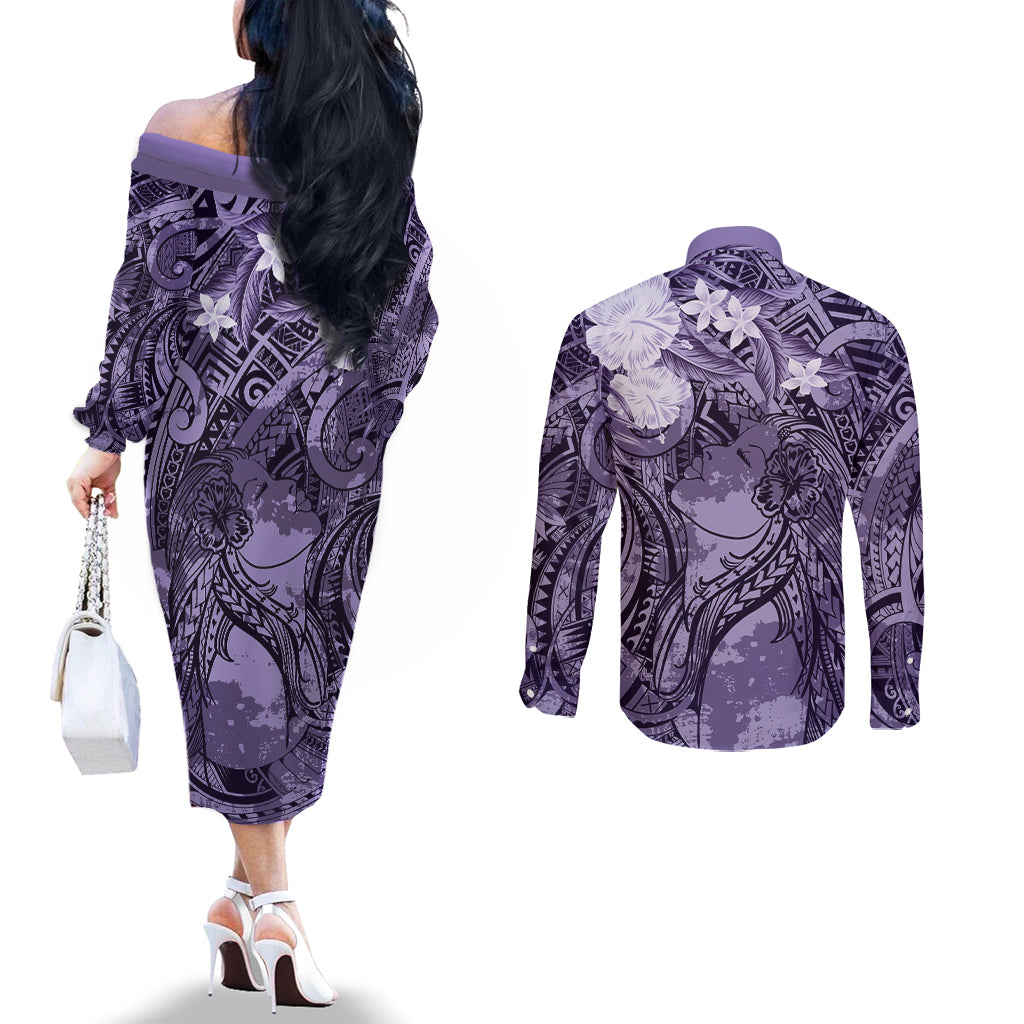 Pacific Beauty Girl Couples Matching Off The Shoulder Long Sleeve Dress and Long Sleeve Button Shirt Violet Polyneisan Tribal Vintage Motif LT9 - Polynesian Pride