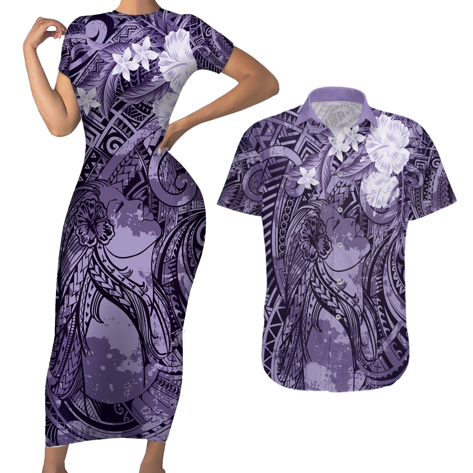 Pacific Beauty Girl Couples Matching Short Sleeve Bodycon Dress and Hawaiian Shirt Violet Polyneisan Tribal Vintage Motif