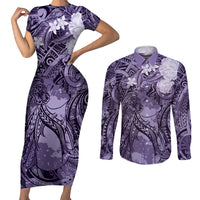 Pacific Beauty Girl Couples Matching Short Sleeve Bodycon Dress and Long Sleeve Button Shirt Violet Polyneisan Tribal Vintage Motif