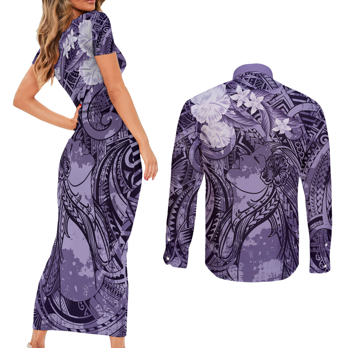 Pacific Beauty Girl Couples Matching Short Sleeve Bodycon Dress and Long Sleeve Button Shirt Violet Polyneisan Tribal Vintage Motif