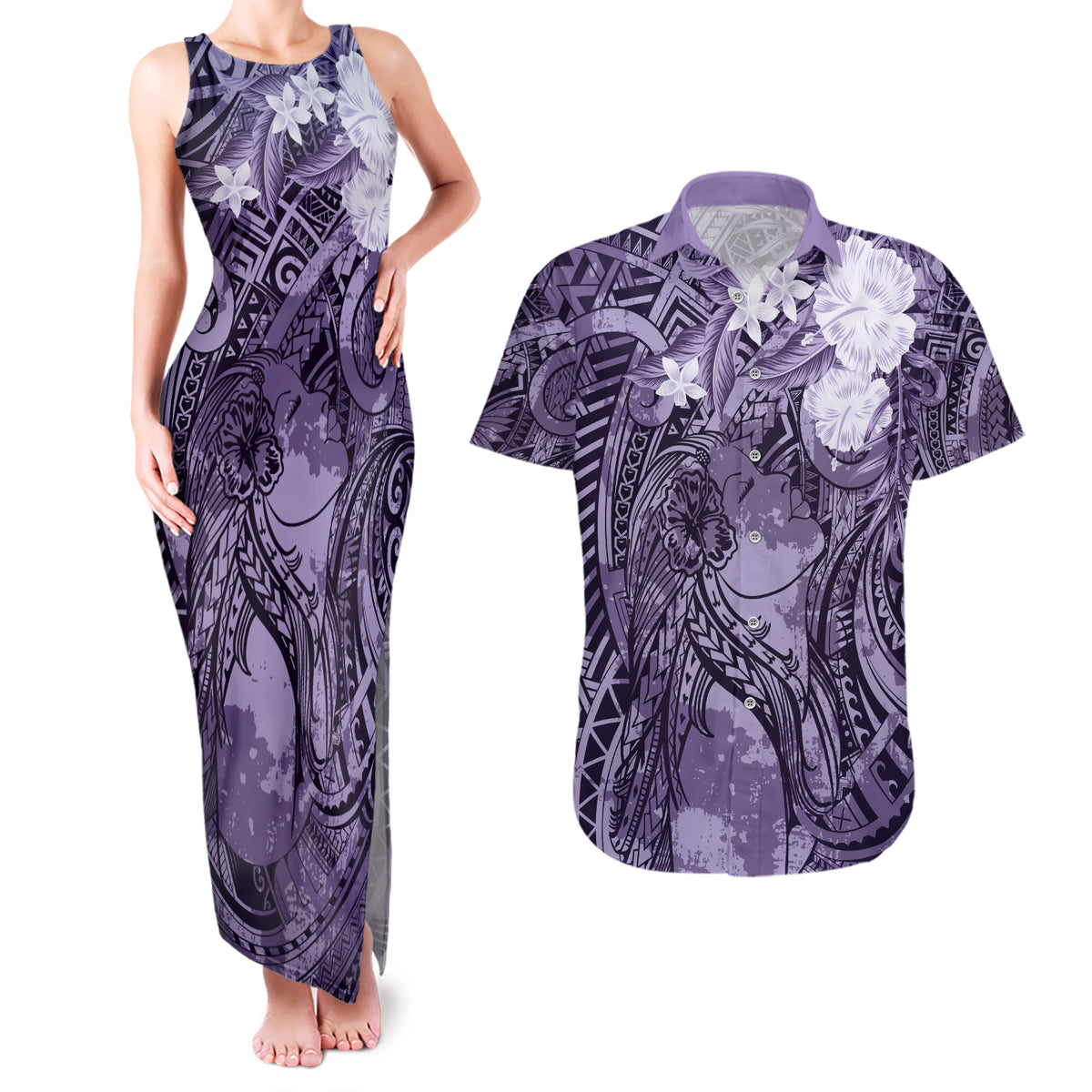 Pacific Beauty Girl Couples Matching Tank Maxi Dress and Hawaiian Shirt Violet Polyneisan Tribal Vintage Motif