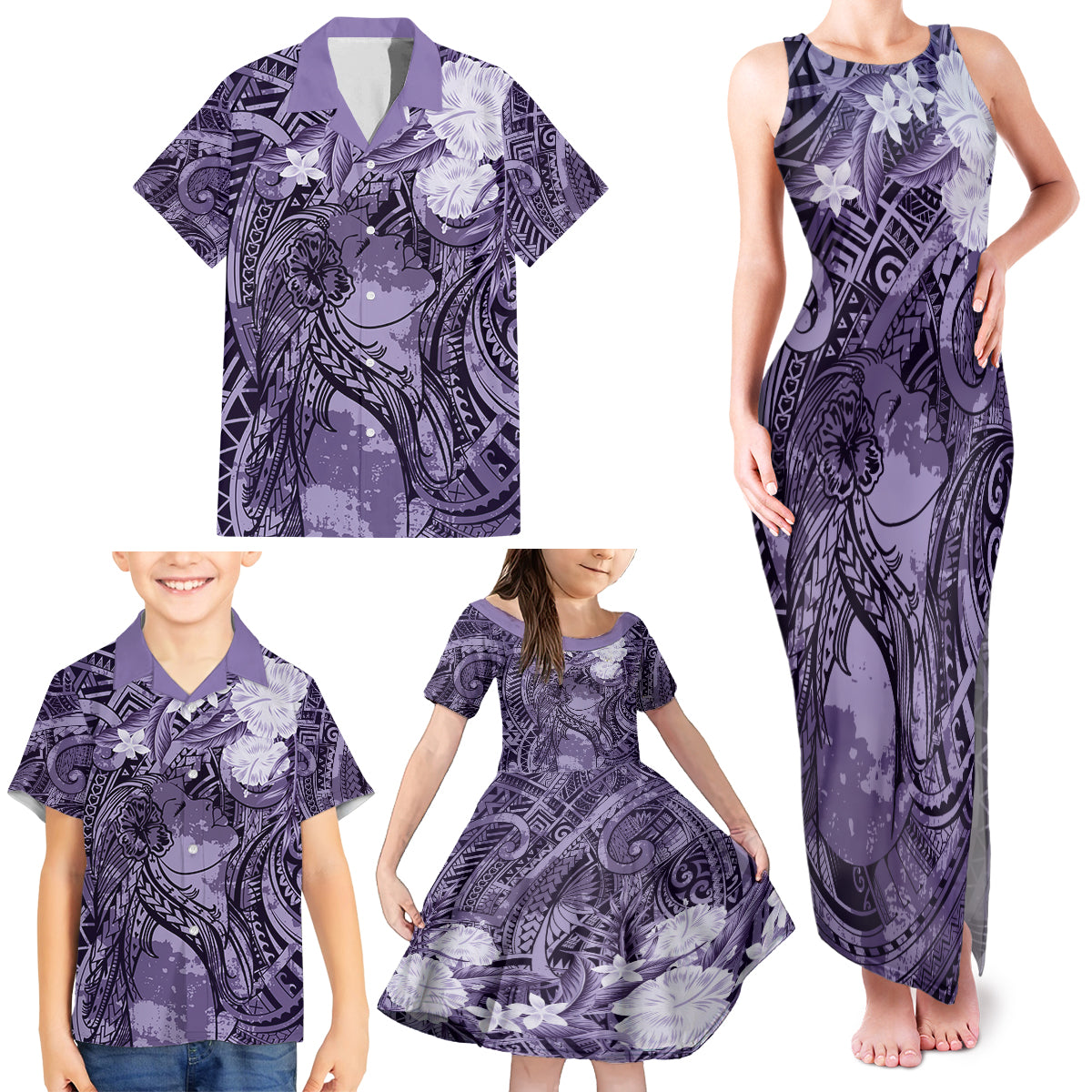 Pacific Beauty Girl Family Matching Tank Maxi Dress and Hawaiian Shirt Violet Polyneisan Tribal Vintage Motif
