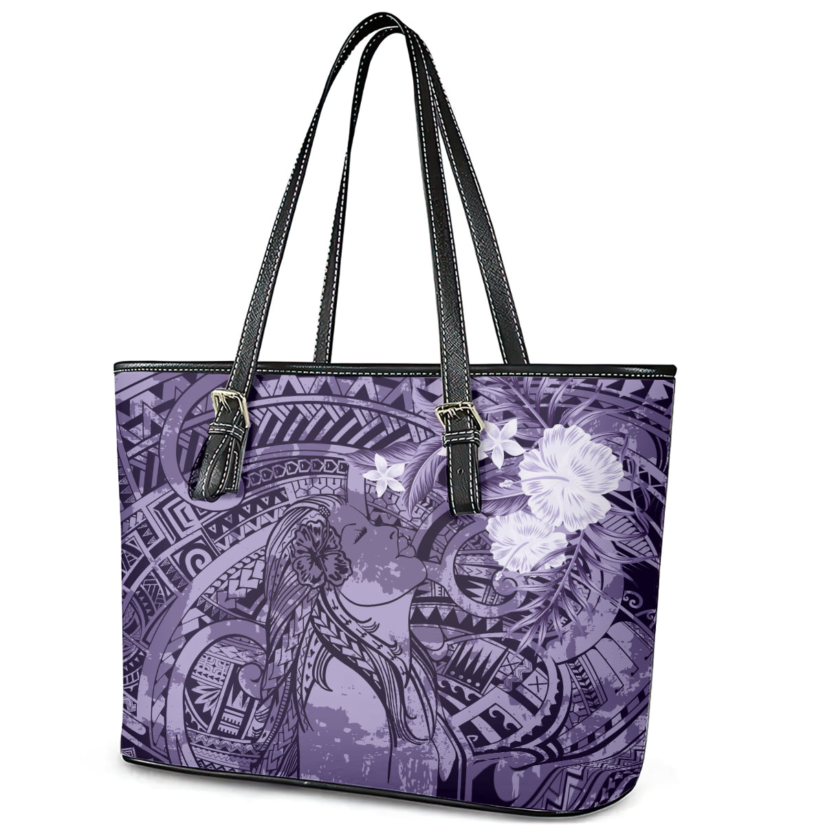 Pacific Beauty Girl Leather Tote Bag Violet Polyneisan Tribal Vintage Motif LT9 - Polynesian Pride