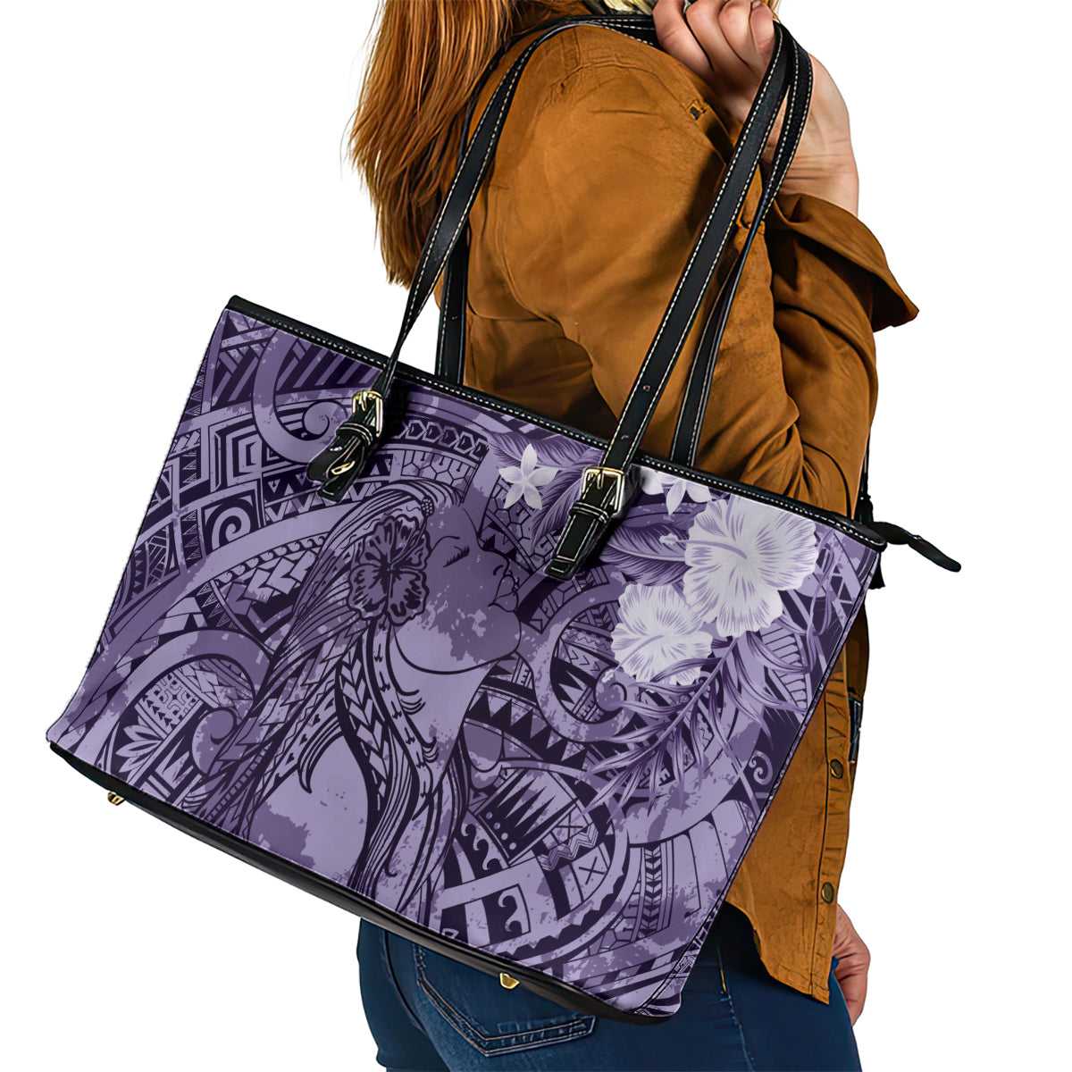 Pacific Beauty Girl Leather Tote Bag Violet Polyneisan Tribal Vintage Motif LT9 - Polynesian Pride