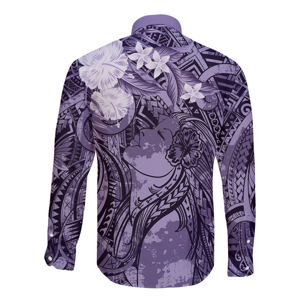 Pacific Beauty Girl Long Sleeve Button Shirt Violet Polyneisan Tribal Vintage Motif