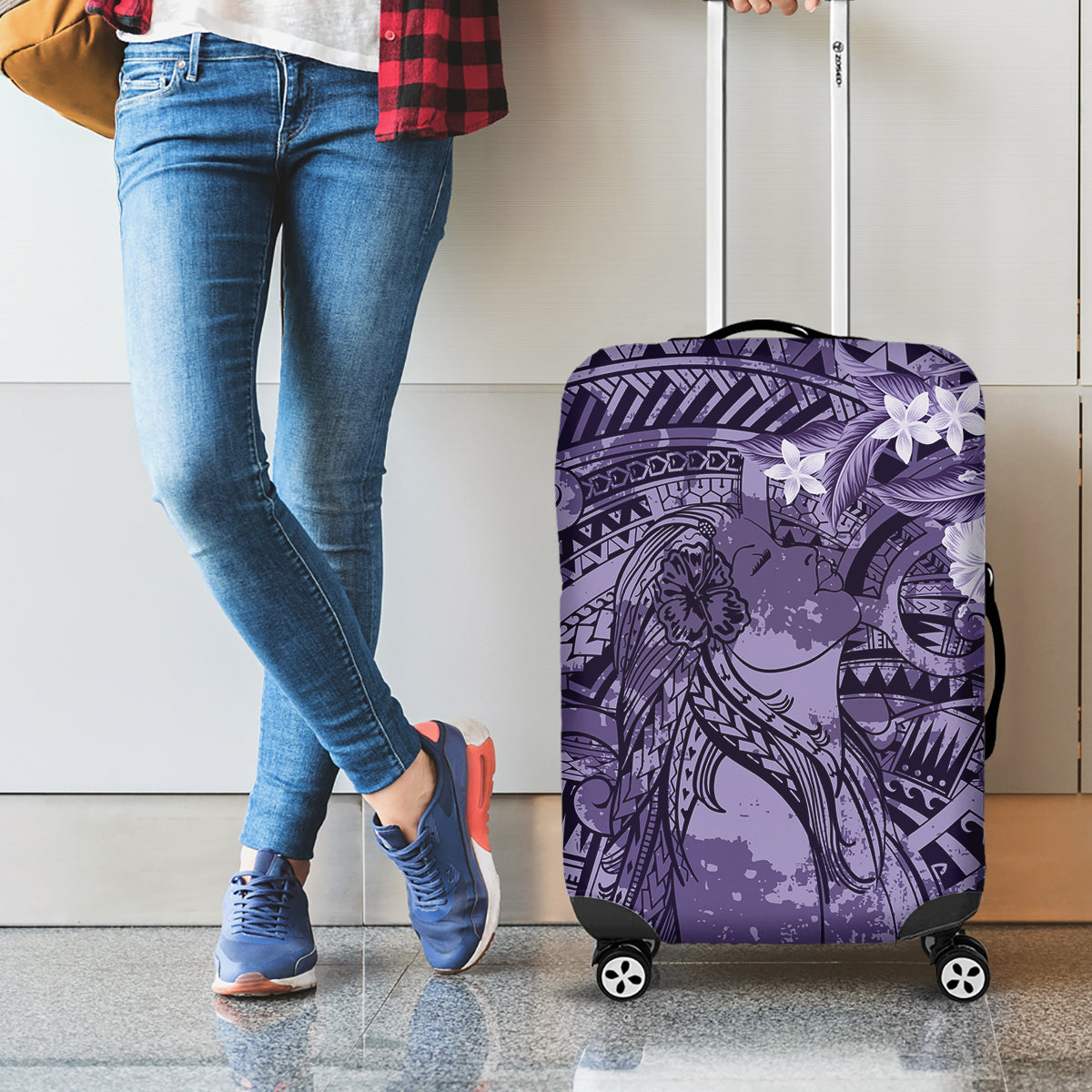 Pacific Beauty Girl Luggage Cover Violet Polyneisan Tribal Vintage Motif