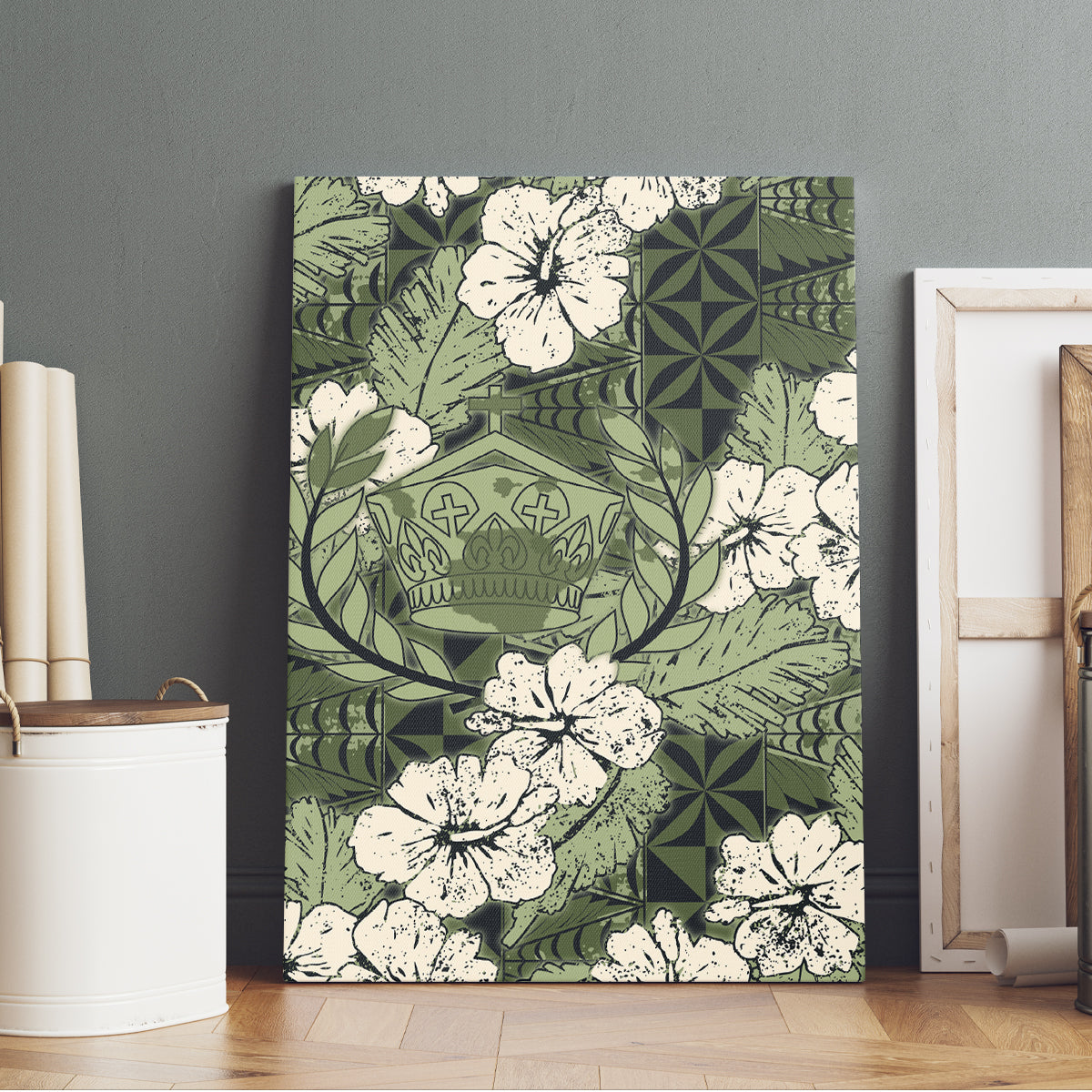 Tongan Kupesi Ngatu Hibiscus Vintage Motif Canvas Wall Art