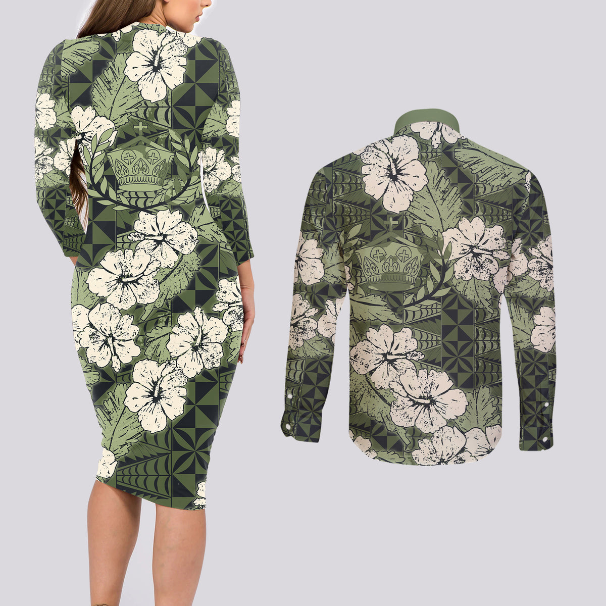 Tongan Kupesi Ngatu Hibiscus Vintage Motif Couples Matching Long Sleeve Bodycon Dress and Long Sleeve Button Shirt