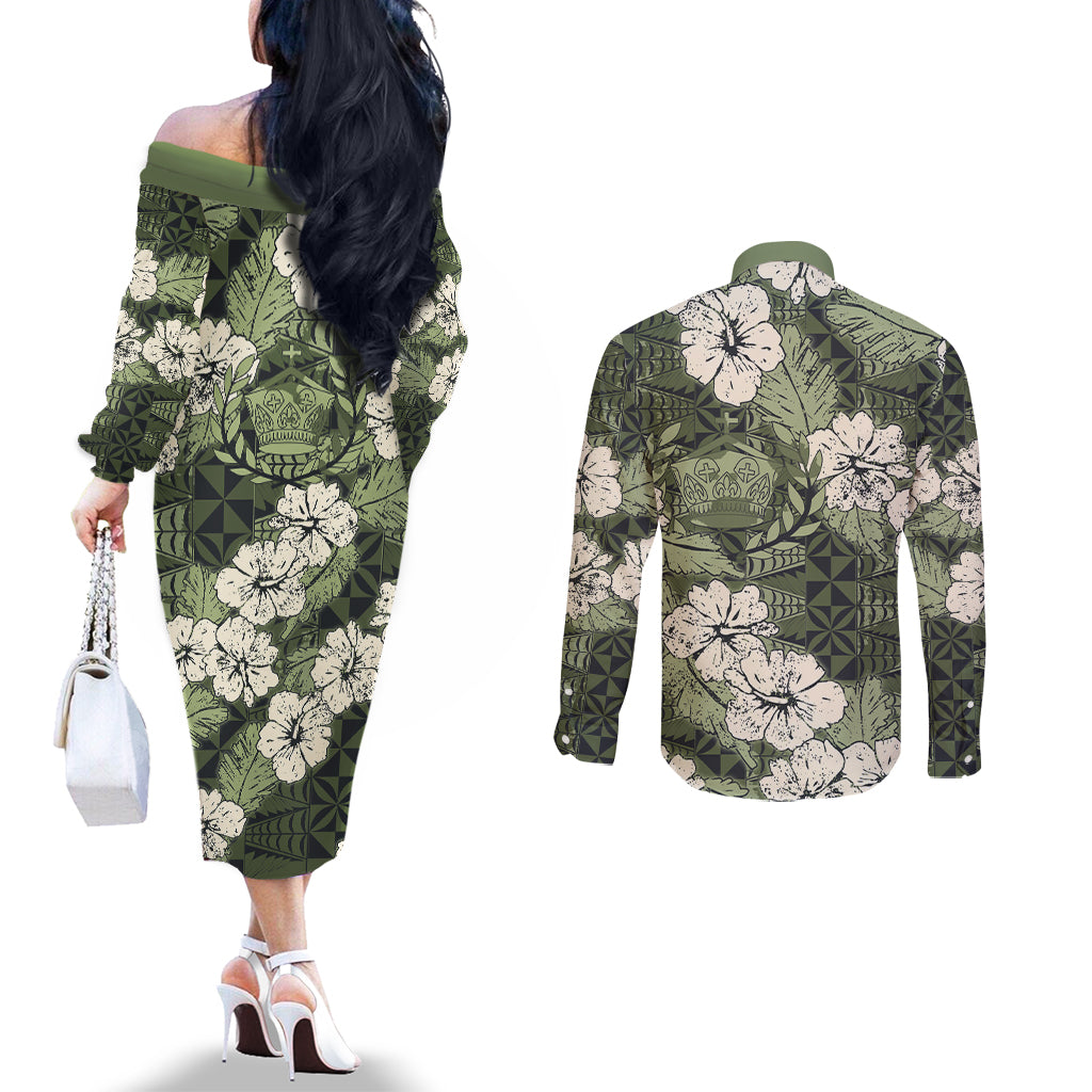 Tongan Kupesi Ngatu Hibiscus Vintage Motif Couples Matching Off The Shoulder Long Sleeve Dress and Long Sleeve Button Shirt
