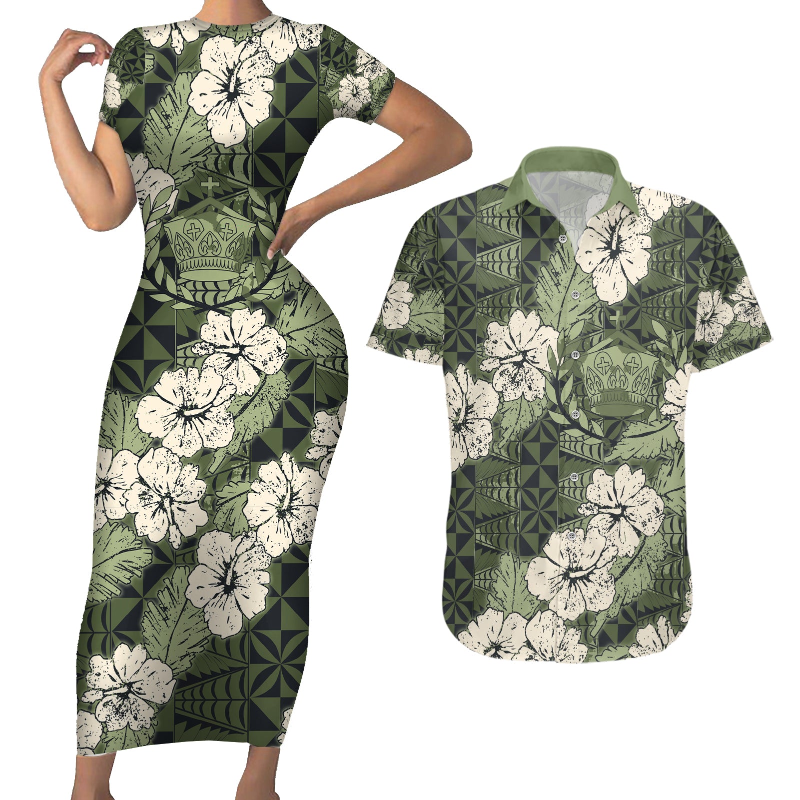 Tongan Kupesi Ngatu Hibiscus Vintage Motif Couples Matching Short Sleeve Bodycon Dress and Hawaiian Shirt