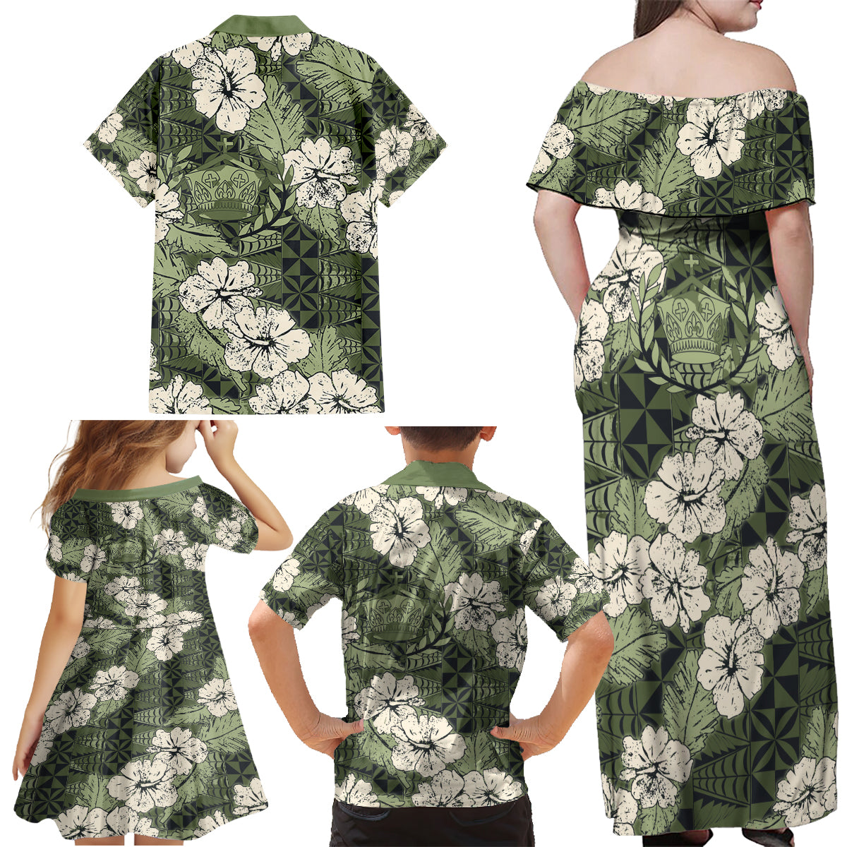Tongan Kupesi Ngatu Hibiscus Vintage Motif Family Matching Off Shoulder Maxi Dress and Hawaiian Shirt