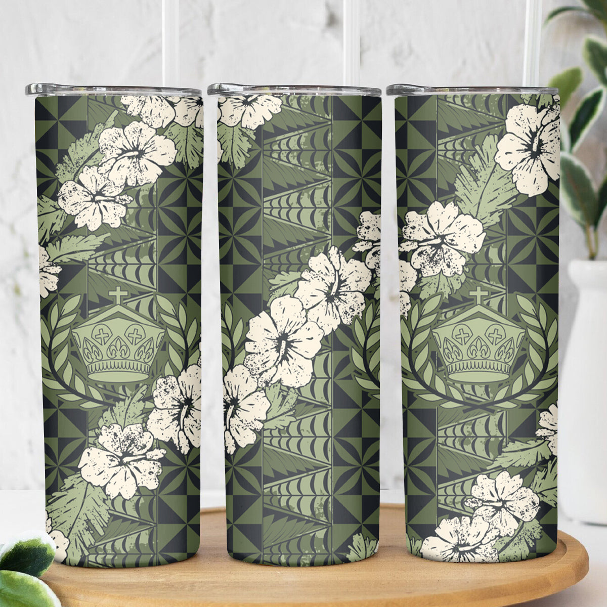 Tongan Kupesi Ngatu Hibiscus Vintage Motif Skinny Tumbler