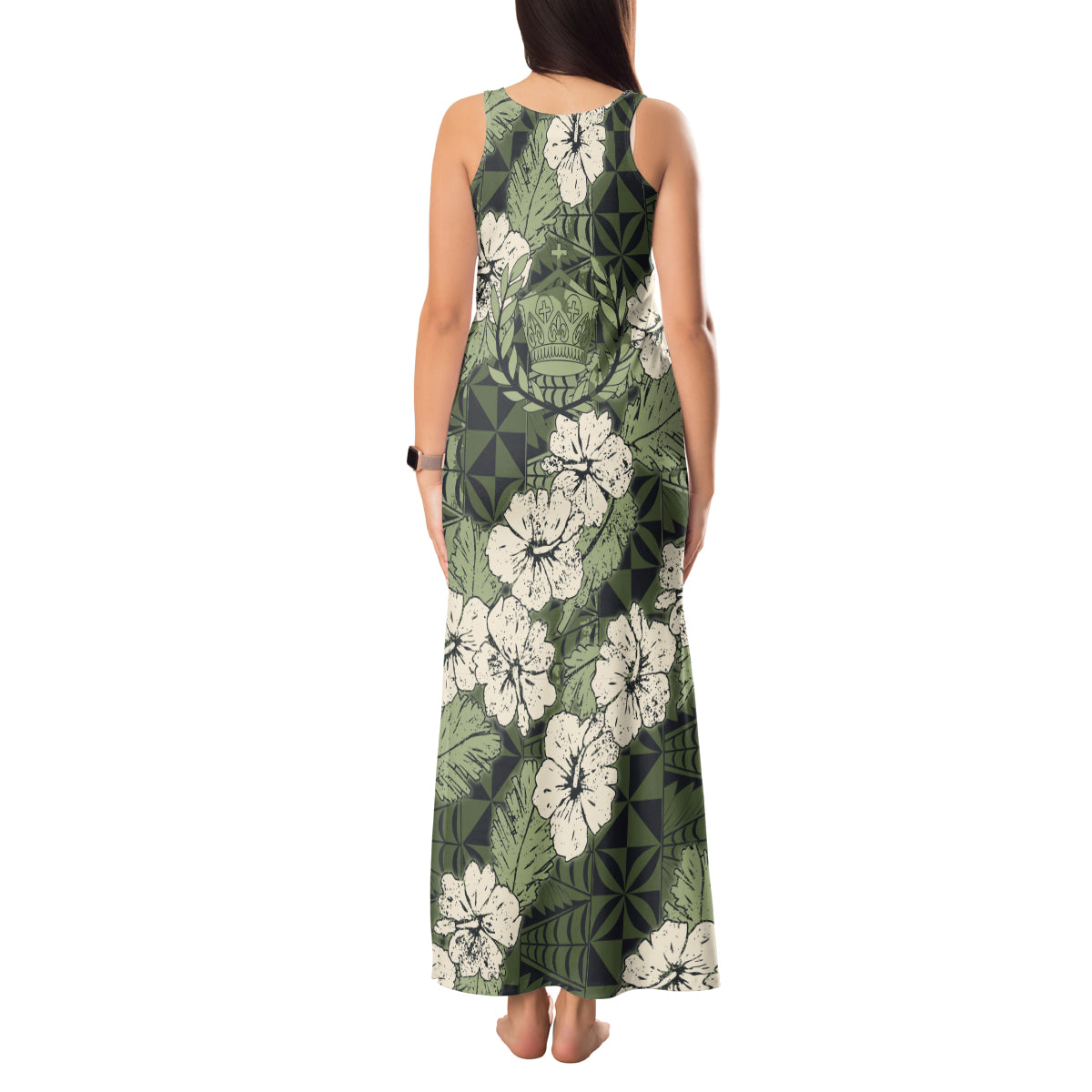 Tongan Kupesi Ngatu Hibiscus Vintage Motif Tank Maxi Dress
