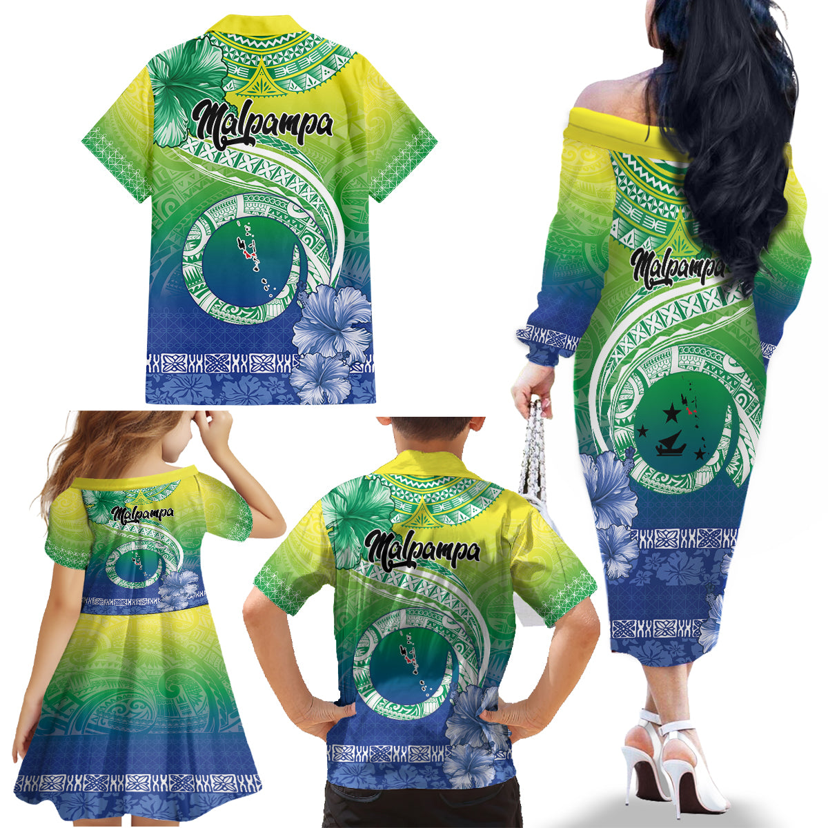 Malpampa Vanuatu Family Matching Off The Shoulder Long Sleeve Dress and Hawaiian Shirt Hibiscus Sand Drawing with Pacific Pattern