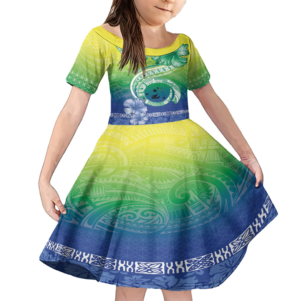 Malpampa Vanuatu Family Matching Puletasi and Hawaiian Shirt Hibiscus Sand Drawing with Pacific Pattern LT9 Daughter's Dress Green Art - Polynesian Pride