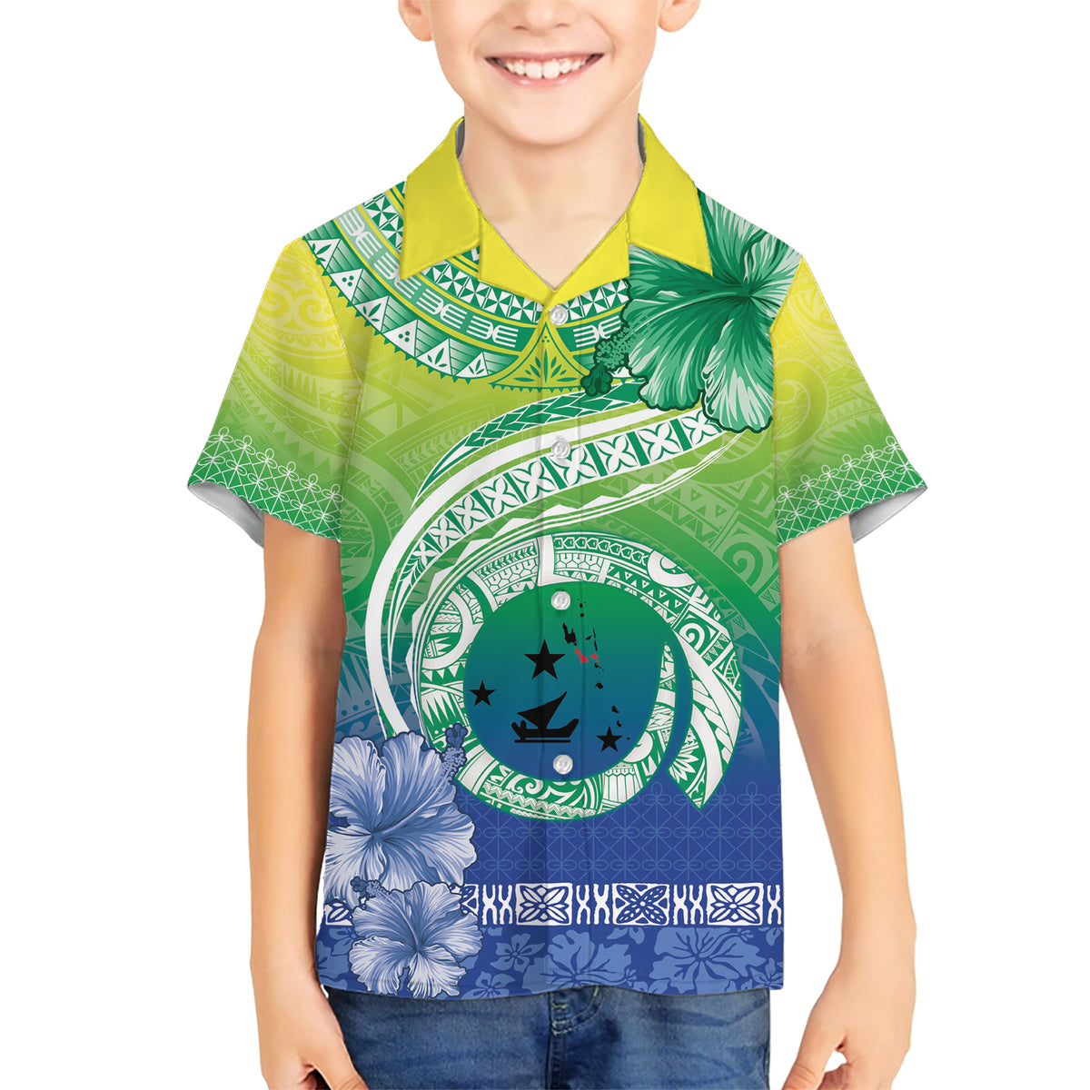 Malpampa Vanuatu Family Matching Short Sleeve Bodycon Dress and Hawaiian Shirt Hibiscus Sand Drawing with Pacific Pattern LT9 Son's Shirt Green Art - Polynesian Pride