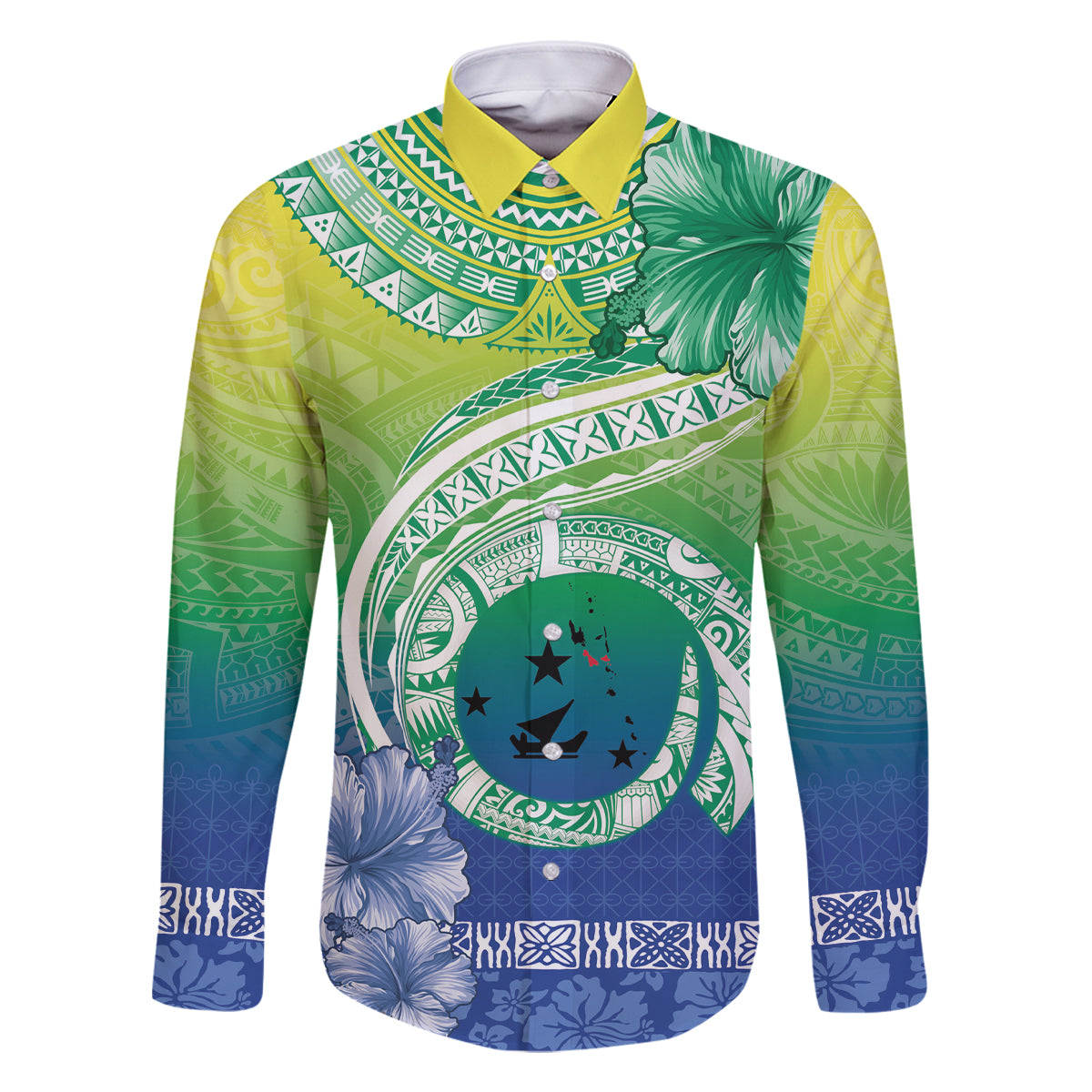 Malpampa Vanuatu Family Matching Summer Maxi Dress and Hawaiian Shirt Hibiscus Sand Drawing with Pacific Pattern LT9 Dad's Shirt - Long Sleeve Green Art - Polynesian Pride