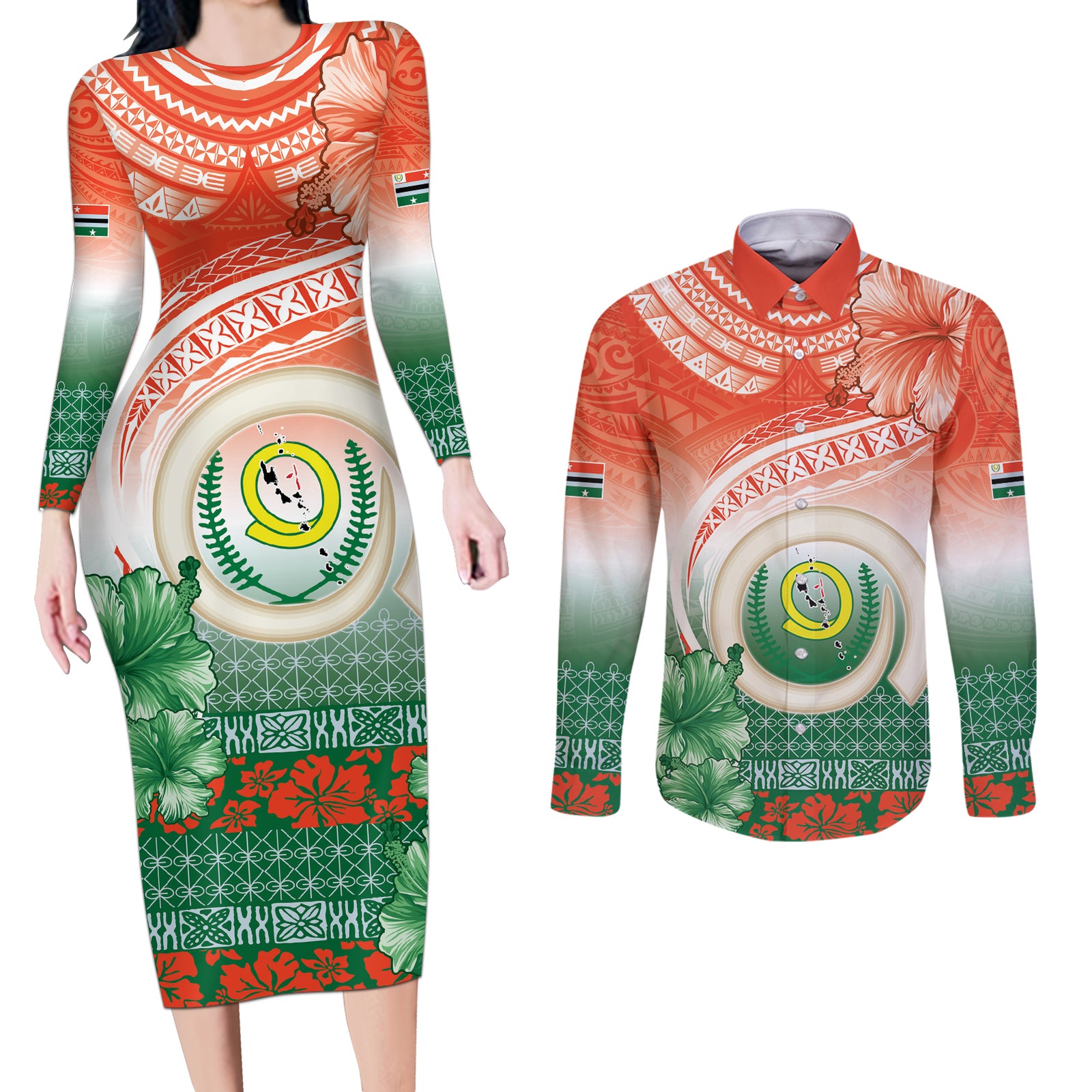 Penama Vanuatu Couples Matching Long Sleeve Bodycon Dress and Long Sleeve Button Shirt Hibiscus Sand Drawing with Pacific Pattern LT9 Red Art - Polynesian Pride