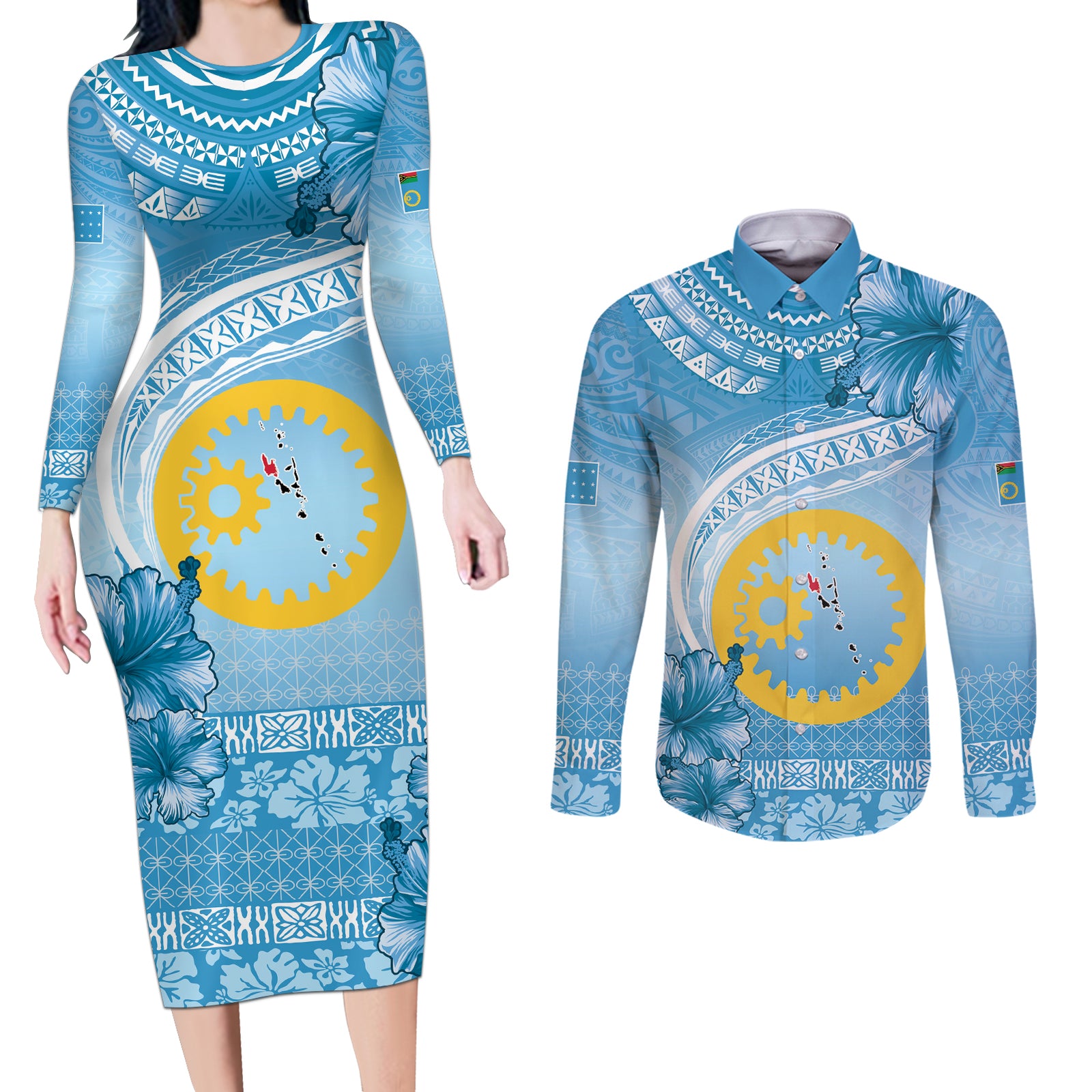 Sanma Vanuatu Couples Matching Long Sleeve Bodycon Dress and Long Sleeve Button Shirt Hibiscus Sand Drawing with Pacific Pattern LT9 Blue Art - Polynesian Pride