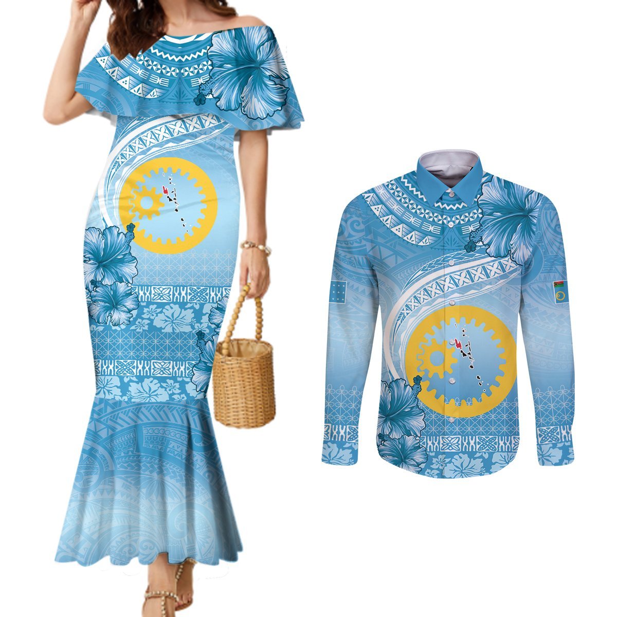 Sanma Vanuatu Couples Matching Mermaid Dress and Long Sleeve Button Shirt Hibiscus Sand Drawing with Pacific Pattern LT9 Blue Art - Polynesian Pride