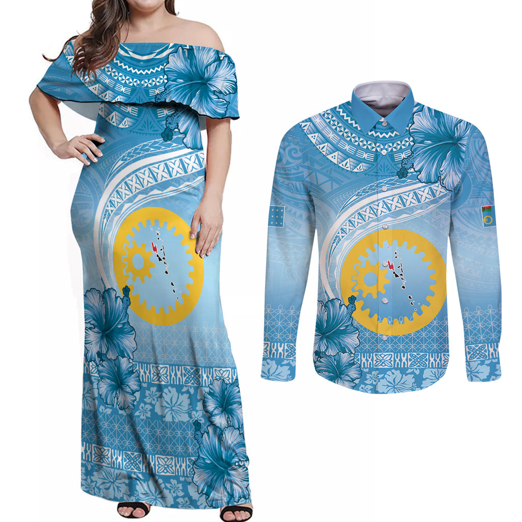 Sanma Vanuatu Couples Matching Off Shoulder Maxi Dress and Long Sleeve Button Shirt Hibiscus Sand Drawing with Pacific Pattern LT9 Blue Art - Polynesian Pride