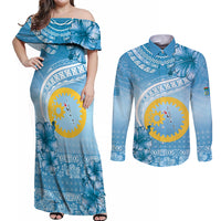 Sanma Vanuatu Couples Matching Off Shoulder Maxi Dress and Long Sleeve Button Shirt Hibiscus Sand Drawing with Pacific Pattern LT9 Blue Art - Polynesian Pride