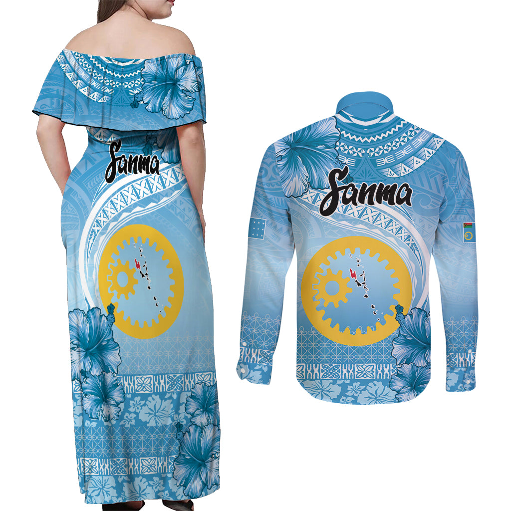 Sanma Vanuatu Couples Matching Off Shoulder Maxi Dress and Long Sleeve Button Shirt Hibiscus Sand Drawing with Pacific Pattern LT9 - Polynesian Pride