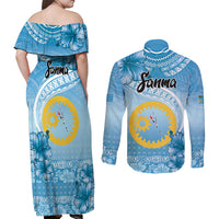 Sanma Vanuatu Couples Matching Off Shoulder Maxi Dress and Long Sleeve Button Shirt Hibiscus Sand Drawing with Pacific Pattern LT9 - Polynesian Pride